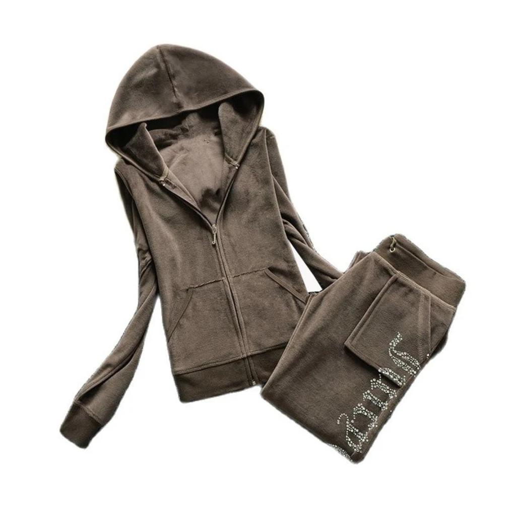 2 Pieces of Women's Outfit Fall Winter Women's Tracksuit Crystal Hoodies and Pant Sets Y2K Velvet Tracksuit