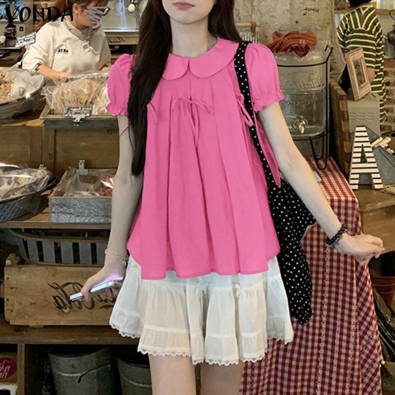 VONDA Women Casual Lapel Collar Puff Sleeve Ruffled Casual Blouse T-shirts