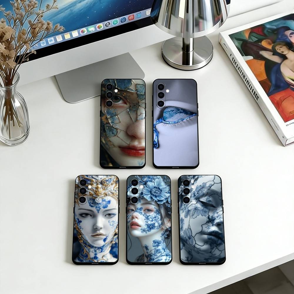 Blue & White Grace Phone Case Black Silicone Soft For Samsung Galaxy A73,A72,A71,A70,A53,A52,A51