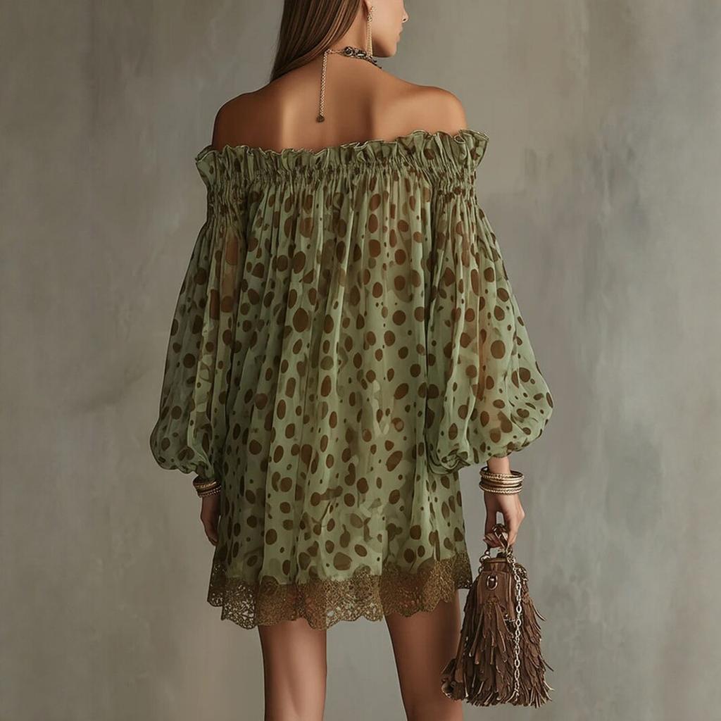 Women's Off-Shoulder Polka Dot Chiffon Puff Sleeve Dress