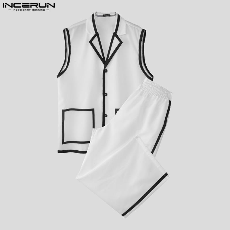 INCERUN 2PCS Men Sets Sleeveless Waistcoat and Long Straight Stitching Pants Outfits