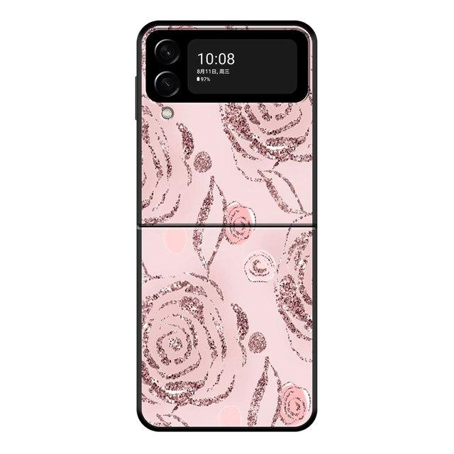 For Samsung Galaxy Zflip Z Flip3 5g Flip Zflip3 Phone Case Black Cases Hard Pc Rose Pink Pattern Bling
