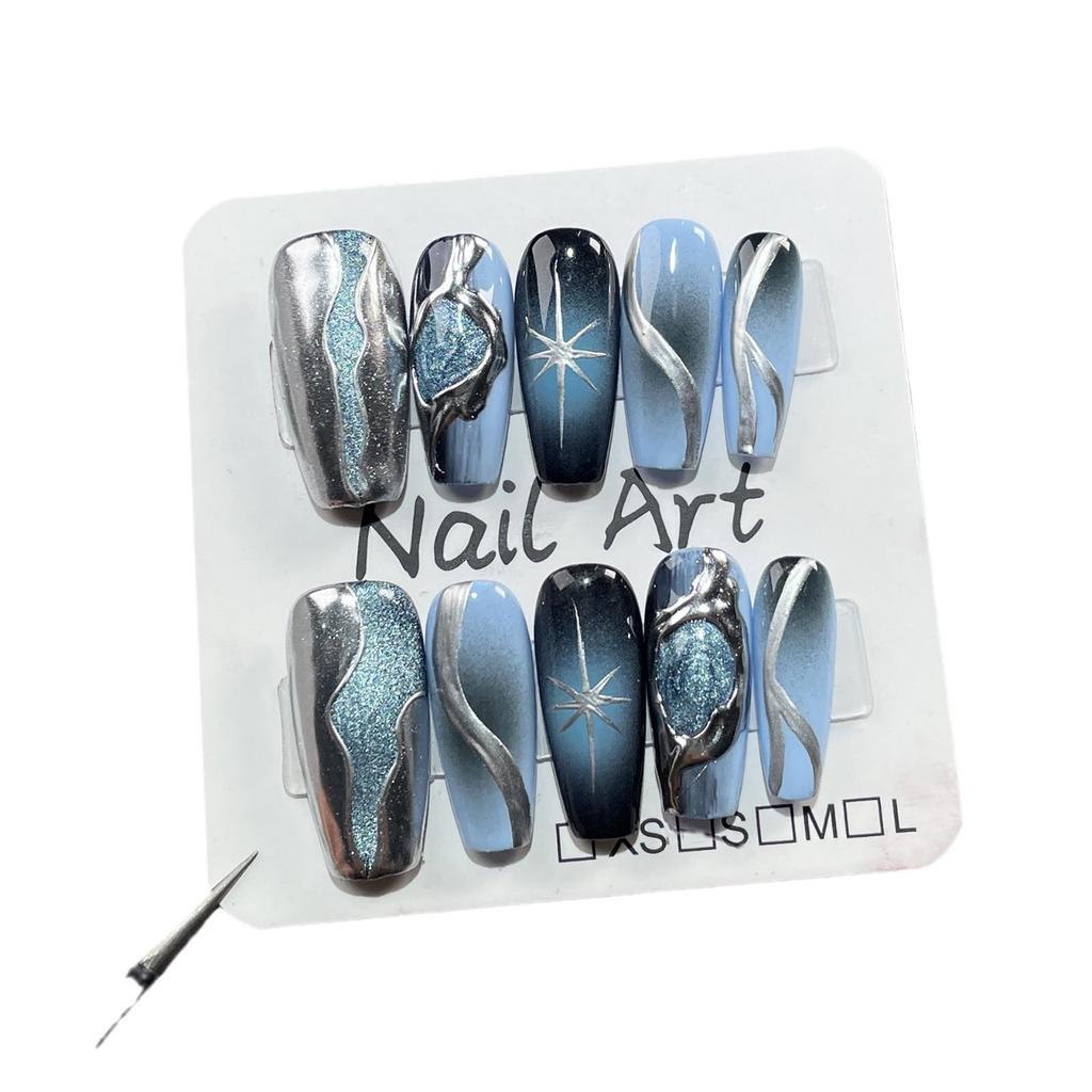 Handmade Black & Blue Gradient Cat's Eye 3D Nail Art Stickers - Medium To Long Wearable Nail Patches