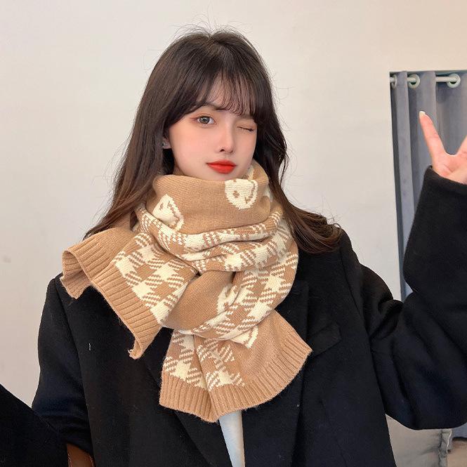 Houndstooth Smiley Face Knitted Scarf for Women Winter Korean Version Versatile Ins Trendy Thickened Warm Student Woolen Scarf for Men