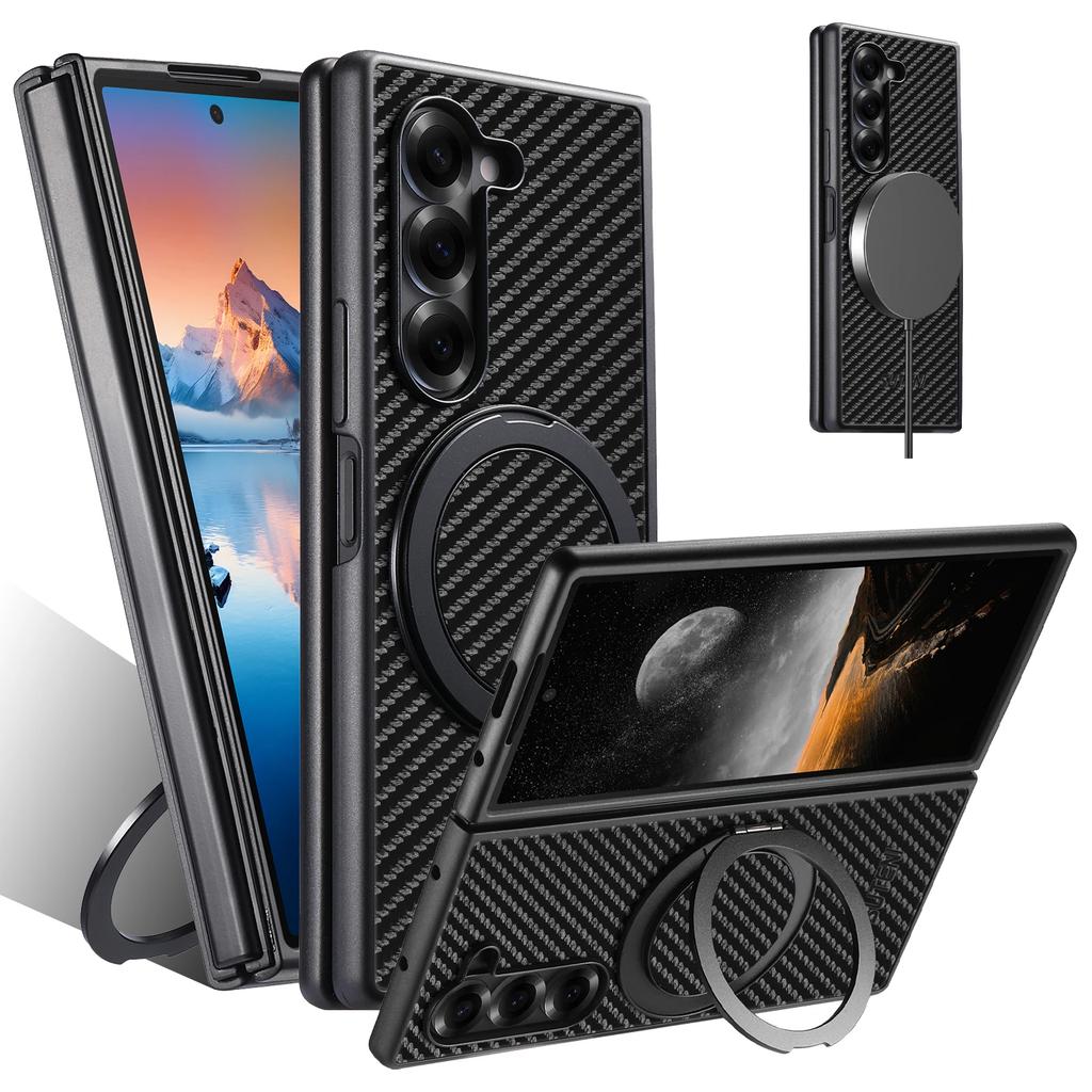 360° Rotating Ring Stand Phone Case for Samsung Galaxy Z Fold 7 6 5 Busine Magnetic Wireless Charging Carbon Fibre Protect Cover