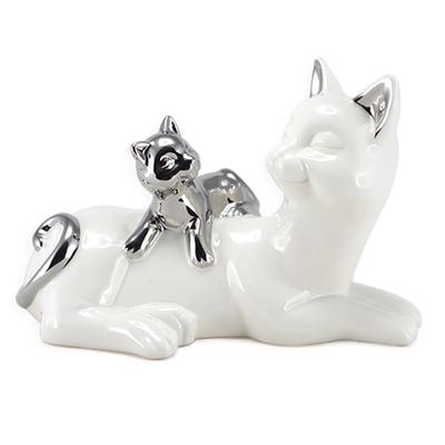 [A2473] - Ceramic Figurine 'Cats' Silver White (family) - 20x13x11cm