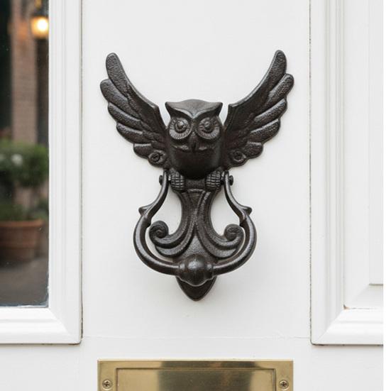 Xiaobudian Vintage Cast Iron Owl Door Knocker, Wrought Hollow Carved Wall Decor, Thickened Rustproof Cabinet Pull Handle, Pre-Drilled Holes for Gate &