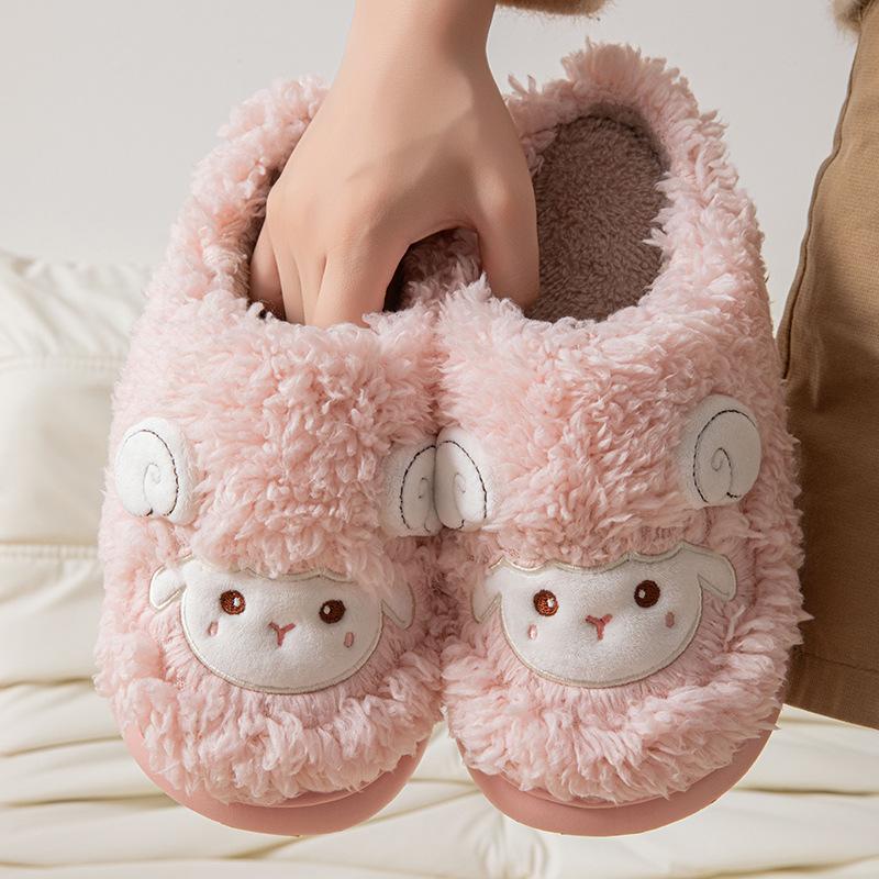 Cute lamb cartoon cotton slippers women's autumn and winter home indoor velvet warm thick bottom non-slip fluffy slippers