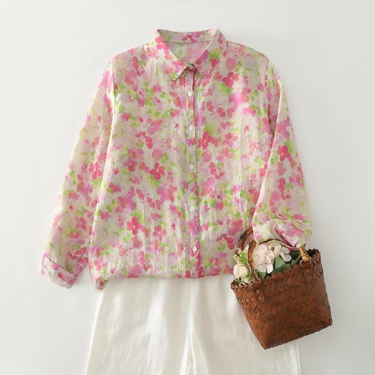 

Осень Новая Большого Размера Женская Хлопковая С Длинным Рукавом Повседневная Свободная Блузка Цветочный Принт Топы Рубашки Футболки One Size