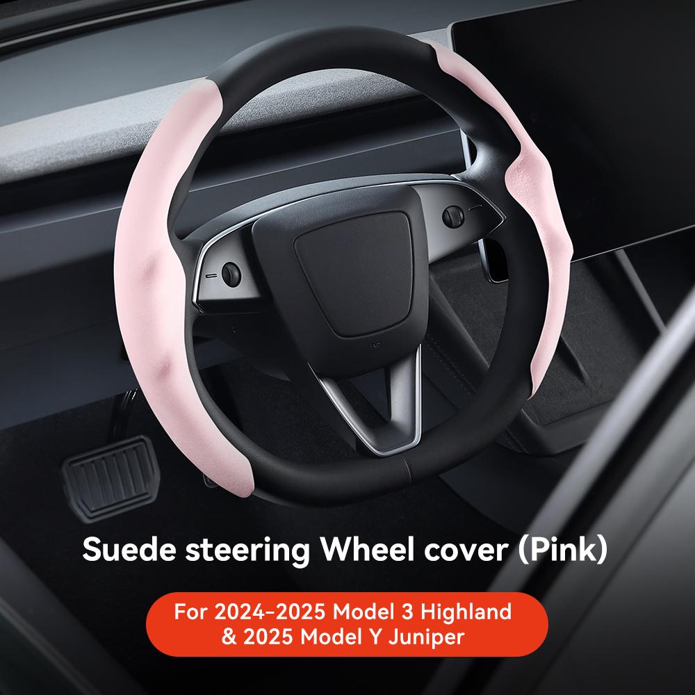 YZ For Tesla Model 3 Y Highland Juniper 2025 Suede velvet Car Steering Wheel Cover DIY carbon fiber texture Sport Steering Wheel