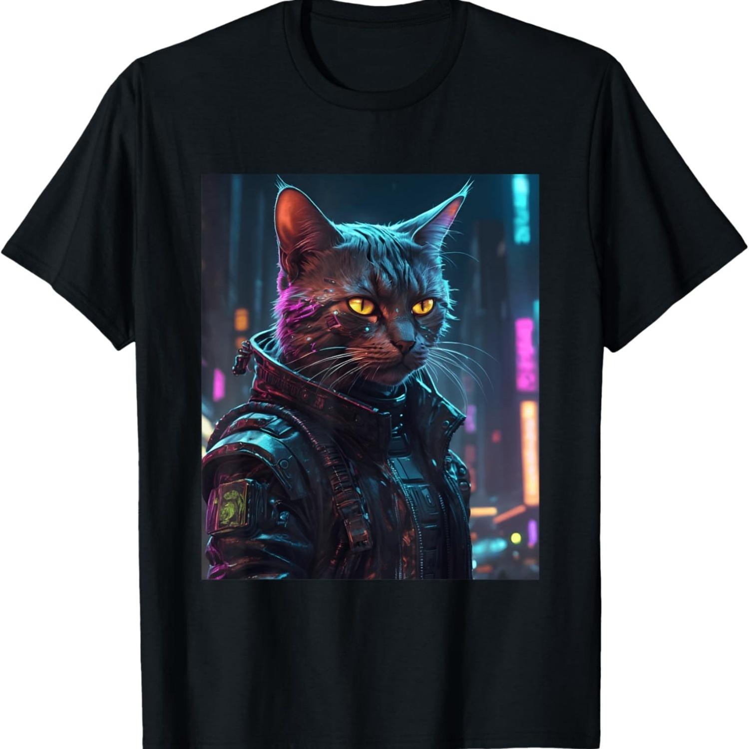 Киберпанк Кот Эстетика Футуристический Графический Дизайн Принт Футболка S чёрный