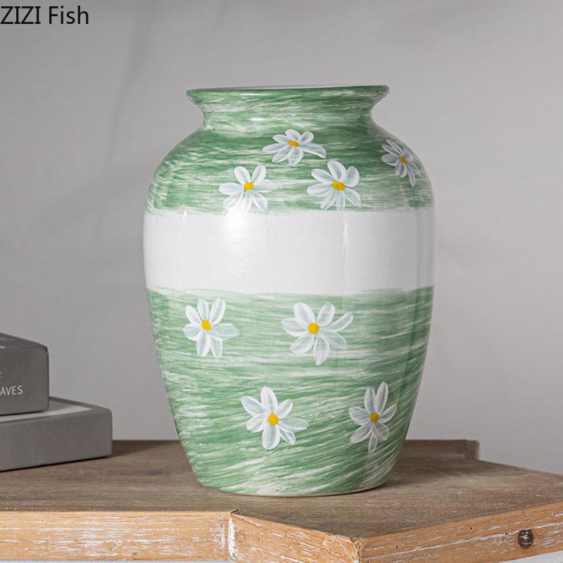 White Flower Painted Ceramic Vase Potted Plant Table Decoration Ornament Flower Arrangement Floral Vases Room Aesthetic Decor