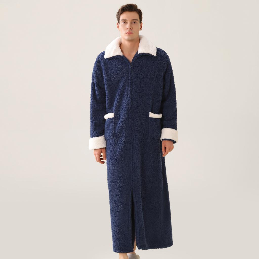 Men's Plush Bathrobe Zipper Up Long Housecoat Winter Warm SPA Fleece Duster Robe with Pocket Flannel Full Length Loose Fit Nightgown Sleepwear for Men