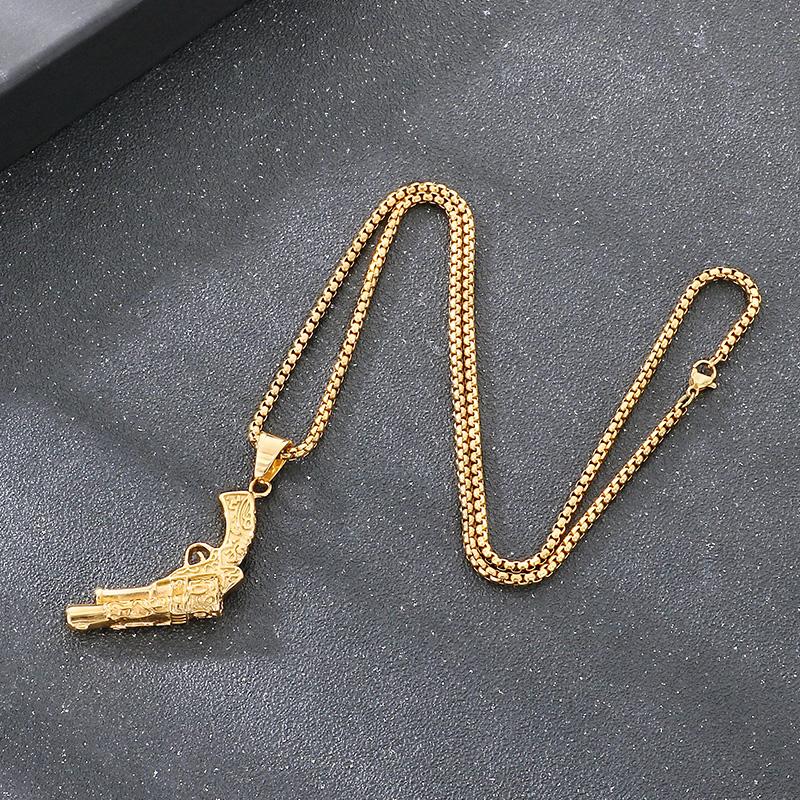Larger Stainless Steel Gun Charm Pendant Necklace For Men Hip Hop Gold Color Party Jewelry Chunky Rock Boy Gift