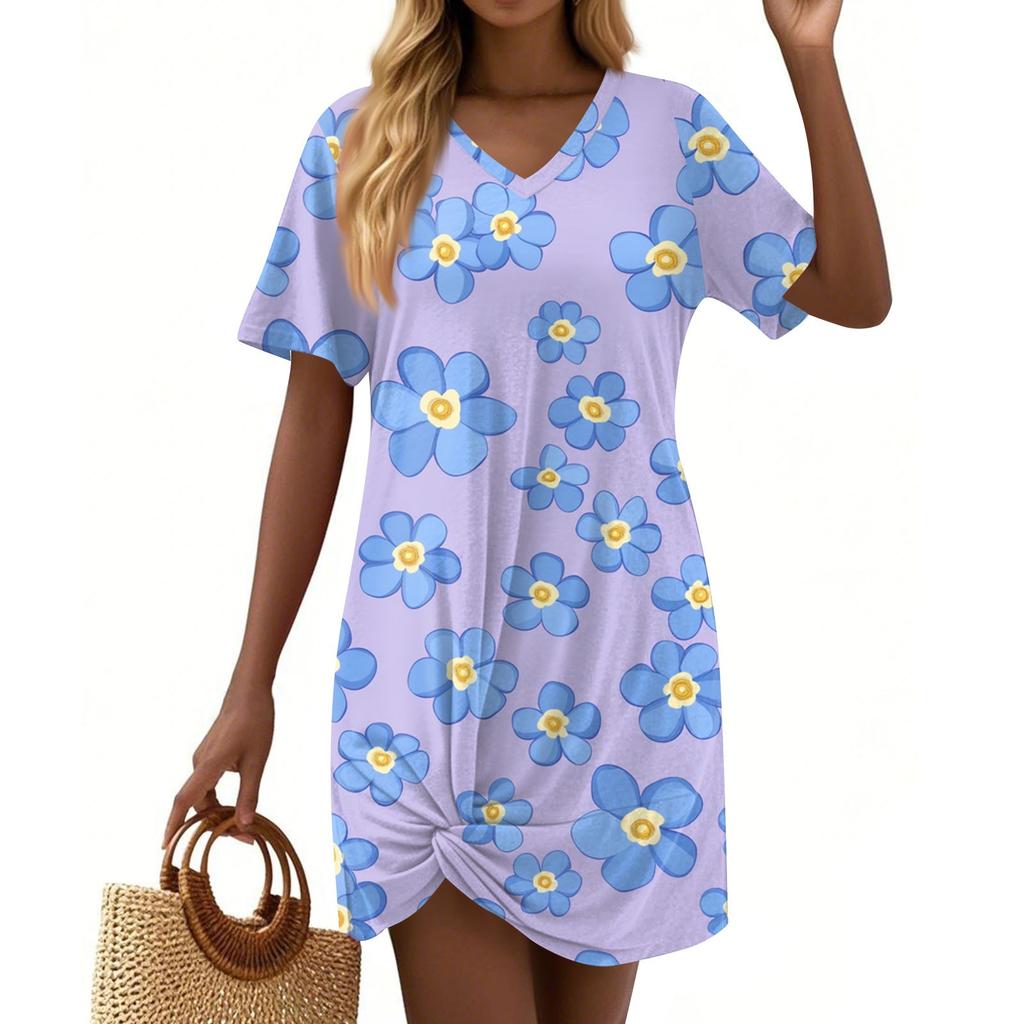 Women's Summer Casual Floral Printed Hem Knotted Short Sleeve Dresses
