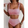 European and American Retro Swimsuit Vertical Stripe High Waist Split Bikini Cover Belly and Thin Bow Shoulder Strap Bikini Swimsuit