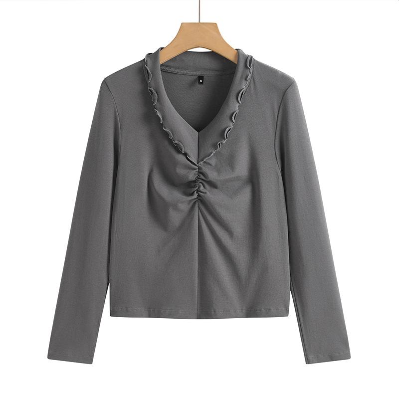 

Женская футболка весна-лето, плотный плиссированный свитер с большим лацканом, правое плечо, узкая короткая женская футболка с длинными рукавами XXXL