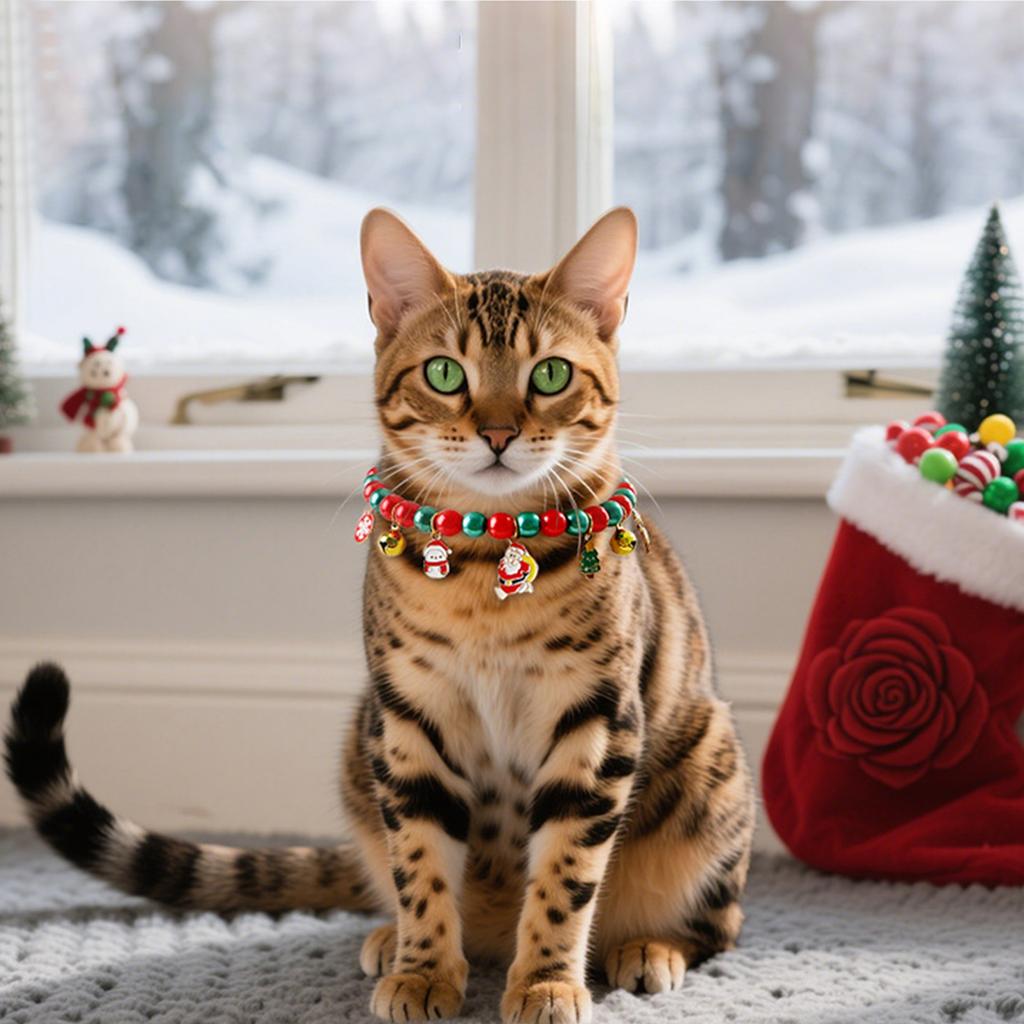 Christmas Artificial Pearl Cats Collar With Bells And Bow, Xmas Cats Breakaway Collars Accessory For Cats Dogs Puppy