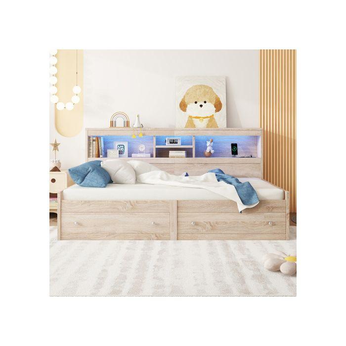 Daybett, Lit De Jour 90*200 Cm, Table De Chevet, Lit Avec 2 Prises USB Et 2 Prises De Charge (sans Matelas) Couleur Naturelle