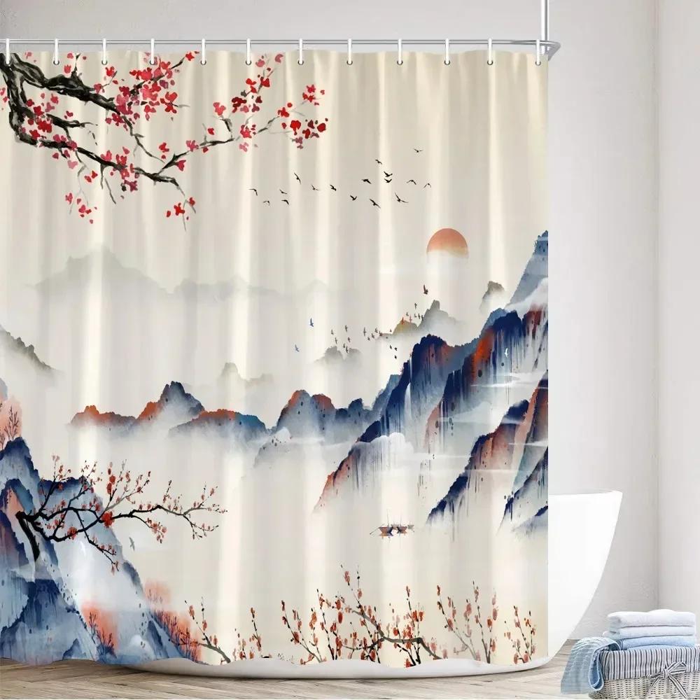 Japanese-style Shower Curtain Koi Fish Landscape Polyester Fabric Bathtub Curtain Bathroom Decoration a Variety of Optional