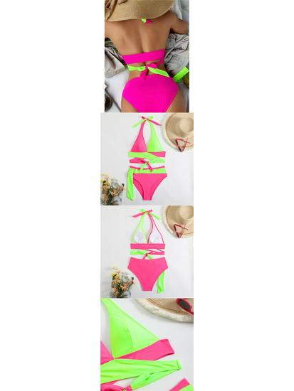2025 Sexy Color Block Deep V Lace-Up Two-Piece Swimsuit