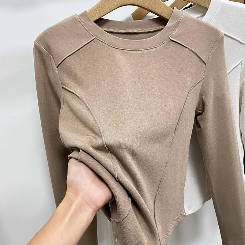 European autumn and winter polished thickened bottoming shirt women's long-sleeved inner shoulder T-shirt women's slim design thin velvet top