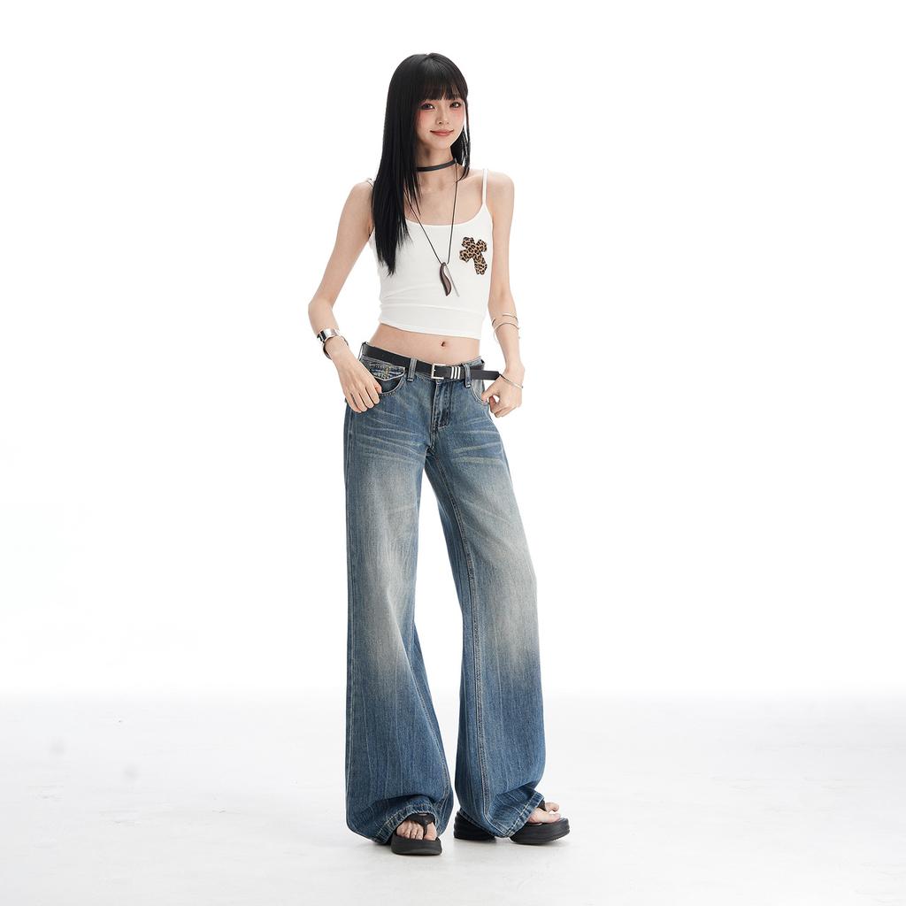American low-rise micro-pull jeans women's summer new straight loose and thin wide-leg flared floor pants
