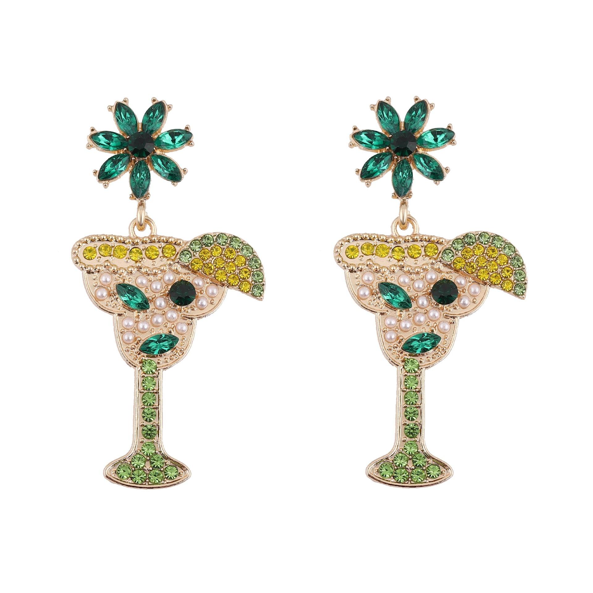 European and American new personalized design cute colored diamond juice cup with diamond earrings pearl rhinestone flower earrings women