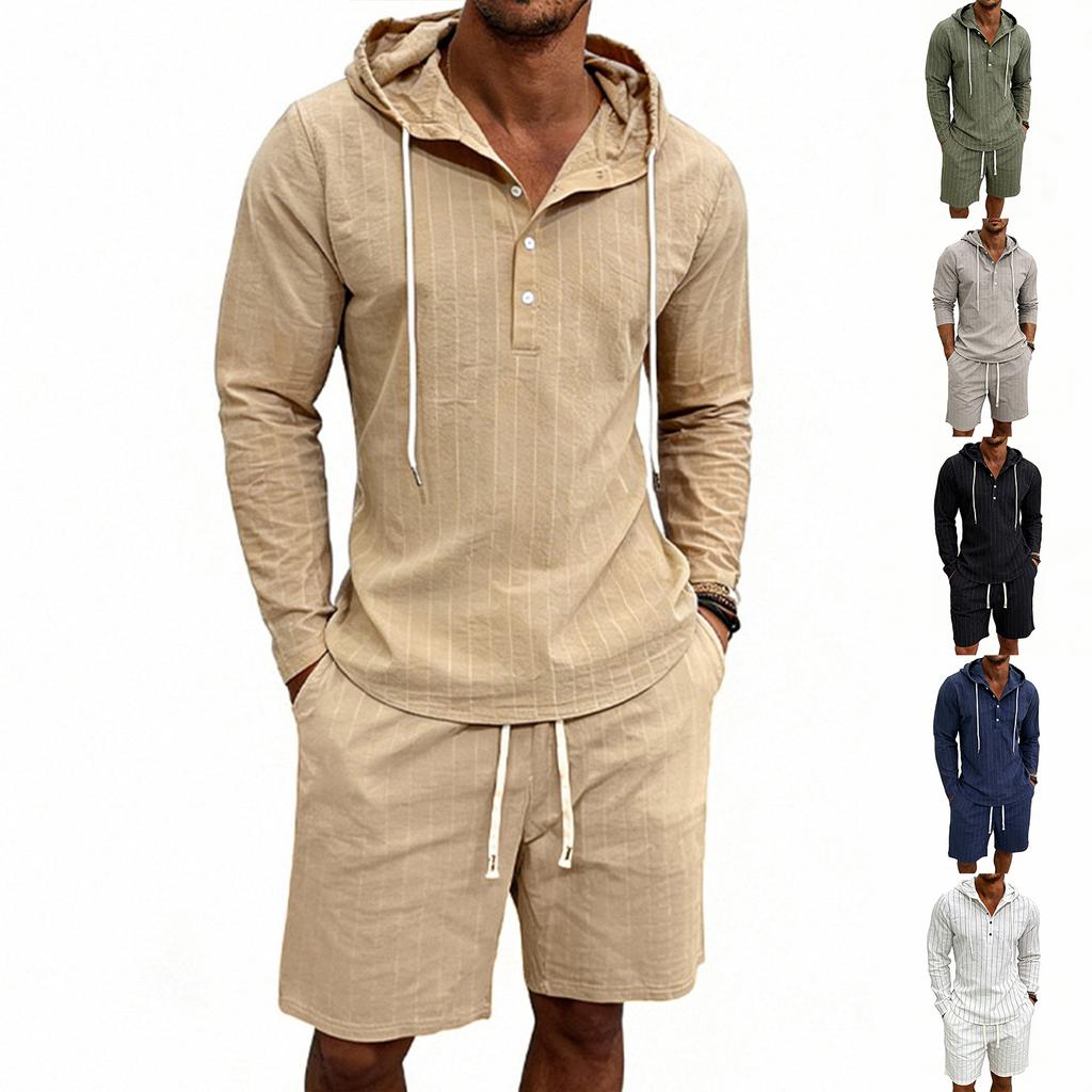 Men's Casual Long-sleeved Tooling Shirt Multi-pocket Shorts Set