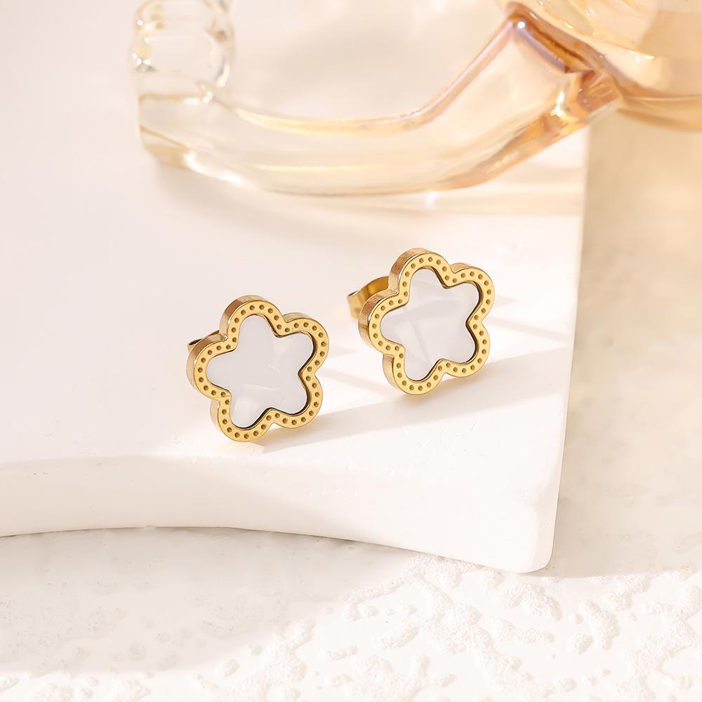 SHEIN 18K Gold-Plated Five-Petal Flower Jewelry Set: Bracelet, Necklace & Stud Earrings In Non-Fading Titanium Steel