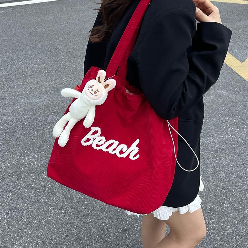 Neue Herbst- und Winter-Cord-Schultertasche mit großem Fassungsvermögen aus reiner Baumwolle, vielseitige Studenten-Einkaufstasche mit Buchstabenstickerei