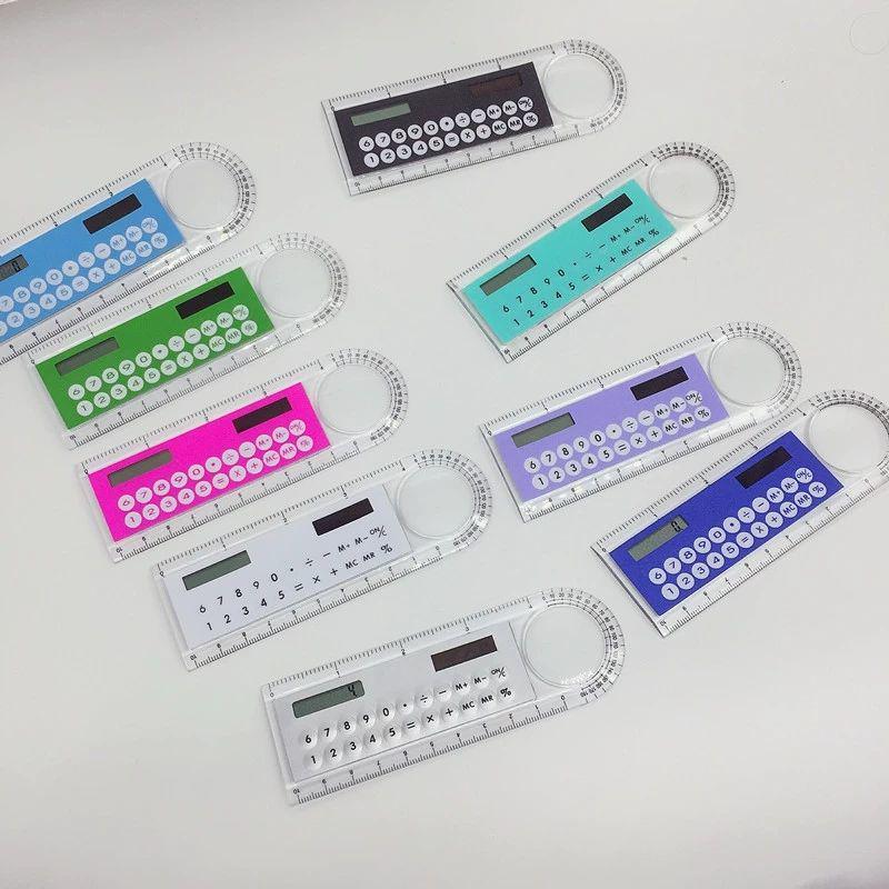 Mini Multifunctional Student Ruler with Solar Calculator, Angle Finder, and Magnifier (10CM) - Colorful Gift Stationery