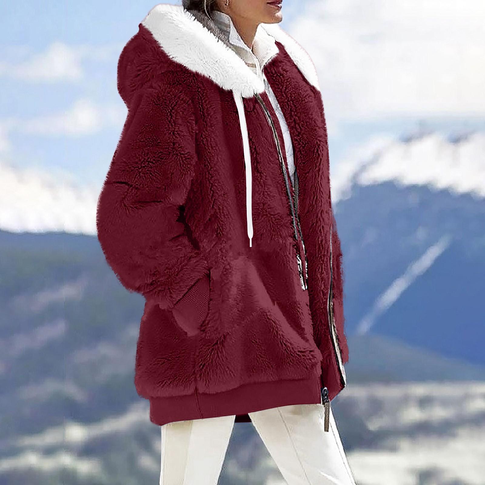 

Женская модная пушистая однотонная куртка с капюшоном, длинными рукавами, карманом на молнии, свободного кроя, теплая XL винный