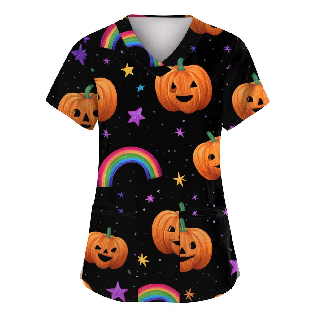 Dámská móda Krátký rukáv Halloweenský potisk Výstřih do V Kapsa Pracovní topy