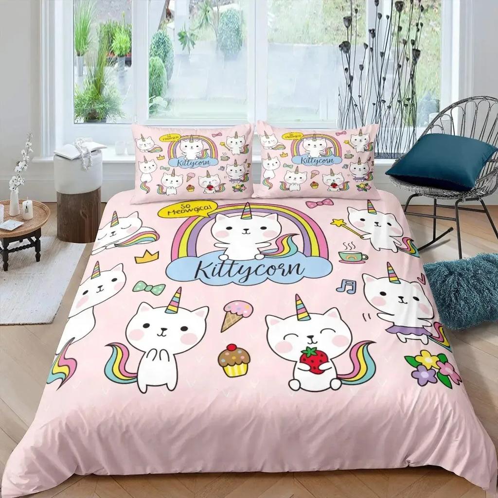 Unicorn Cat Duvet Cover Set Queen,Rainbow Unicorn Bedding Set,Girls Cartoon Magical Animal Sweet Icecream Comforter Cover