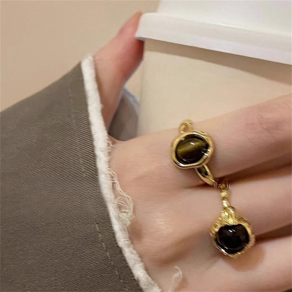 Tiger's Eye Stone Open Ring Temperament Niche Design Light Luxury Index Finger Ring Fashion Gold Ring