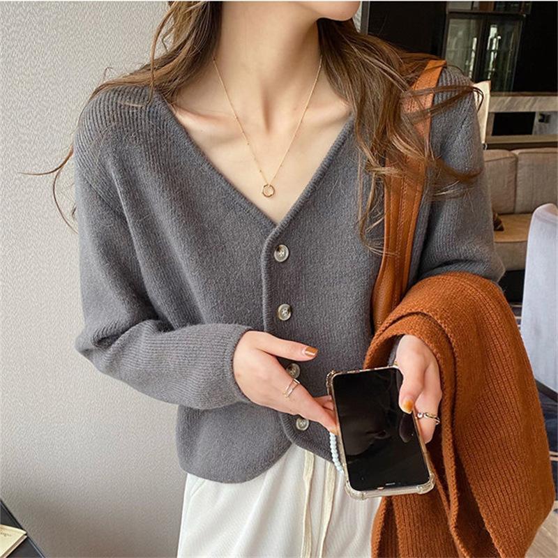 Autumn and Winter V-neck Solid Color Knitted Cardigan Top Women's Loose Lazy Style Sweater Jacket Versatile Commuter Style