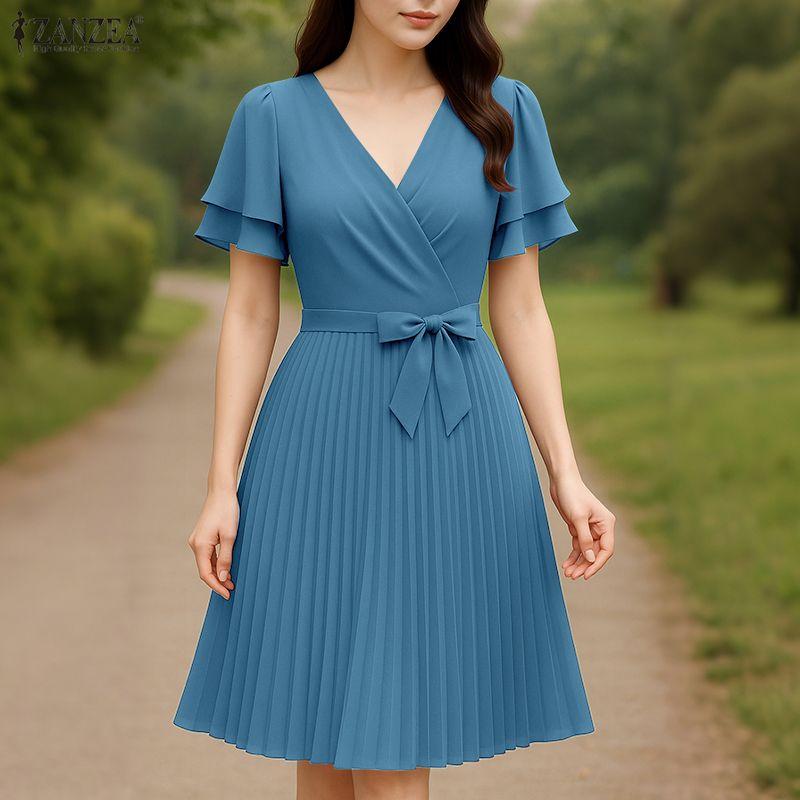 ZANZEA Women Casual V-Neck Summer Short Sleeve Pleated Dress