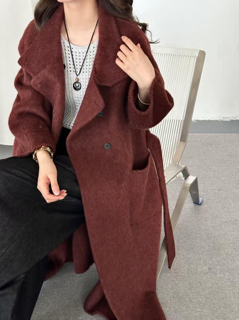 Purple Alpaca Double-Sided Cashmere Coat, Stand Collar, Knee-Length, Tie-Waist, Loose Fit, Korean Style for Autumn/Winter 2025.