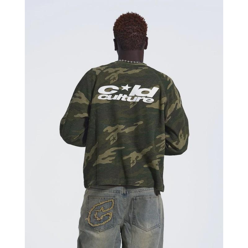 Womens Vintage Camo Sweatshirt Waffle Knit Long Sleeve T-Shirt Star Letter Print Crew Neck Loose Fit Streetwear