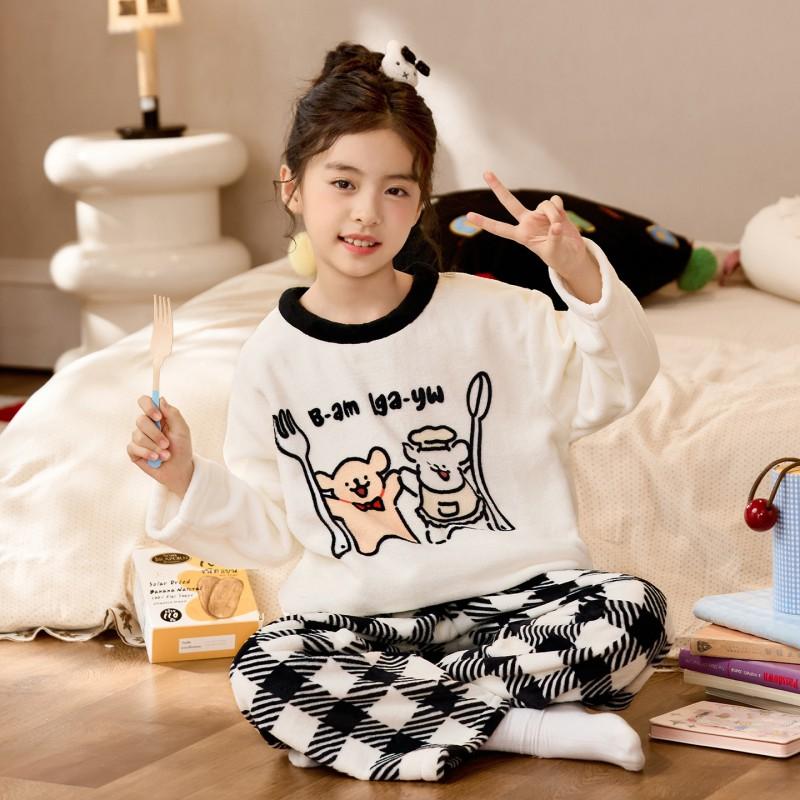 Girls Flannel Pajama Set Cartoon Warm Homewear Kids Winter