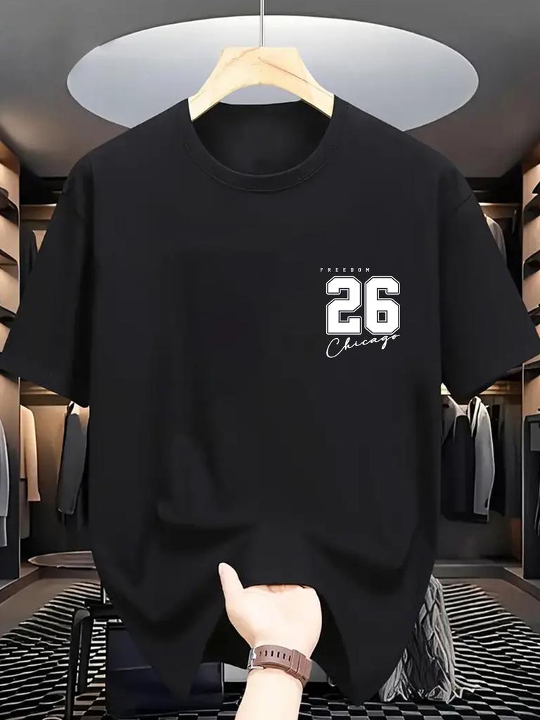 Unisex Cotton Tee Chest 26 Chicago Letter Number Graphic Print Loose Breathable Summer Crew Neck Casual T Shirt Unisex Daily Wear