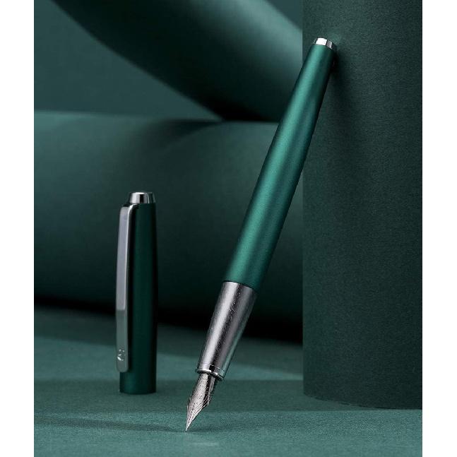 HongDian 525 Green Metal Fountain Pen, Extra Fine Nib Classic Pen, Includes Metal Pen Case and Refillable Converter