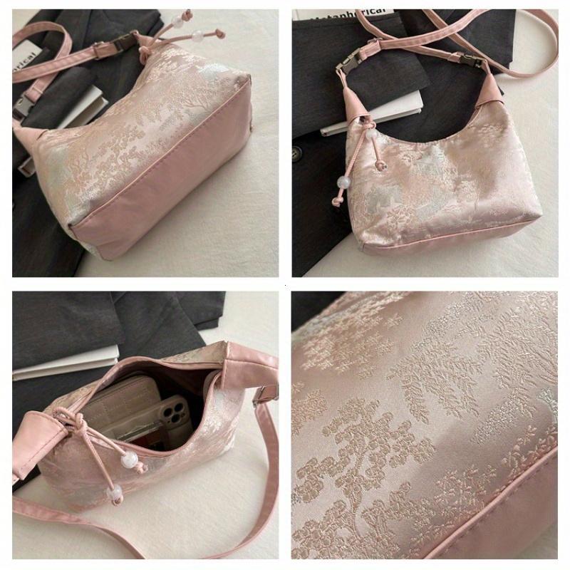 Sweet Embroidery Shoulder Bag Nylon Texture Beads Pendant Crossbody Bag Small Bucket Handbag Women Girl