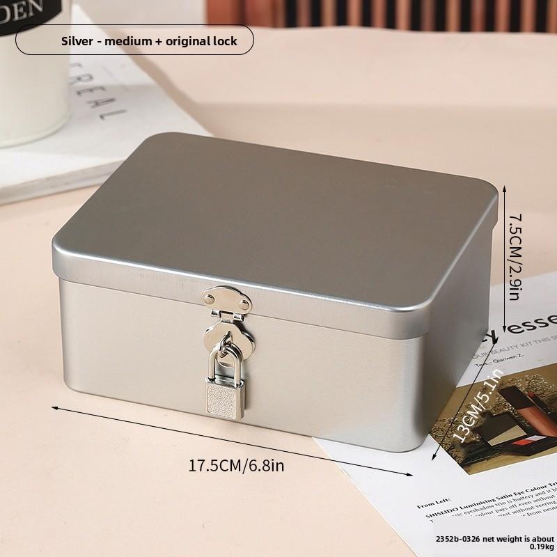 Retro Tinplate Box with Lock Key, Desktop Storage Box, Cosmetics, ID Storage, Household Jewelry Empty Box.