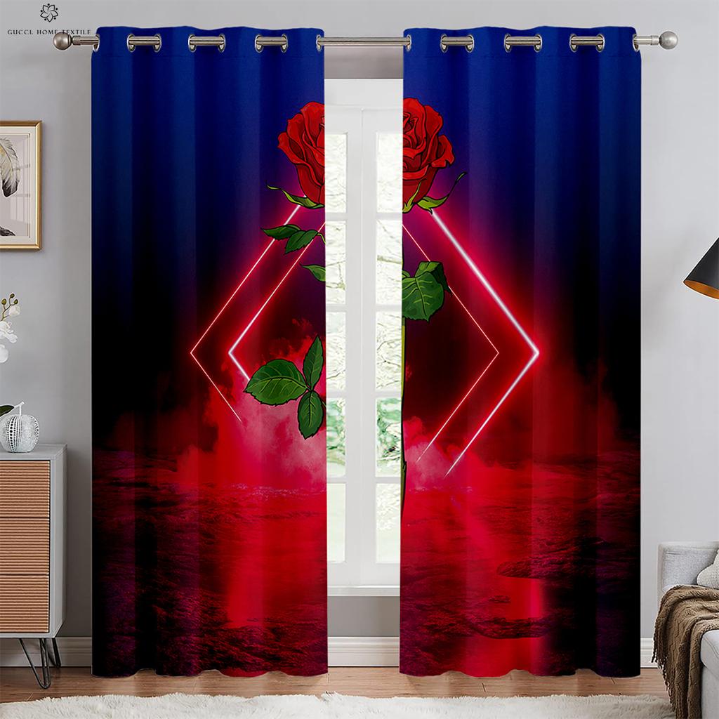 Red Rose Flower Curtains, Window Decoration, Retro Floral, 3D Printing, Custom, Bedroom, Living Room, Kitchen 2PCS