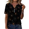 Women's Casual V Neck Short Sleeve Button T Shirt Halloween Spider Web Print Lightweight Top for Everyday Wear and Seasonal Occasions