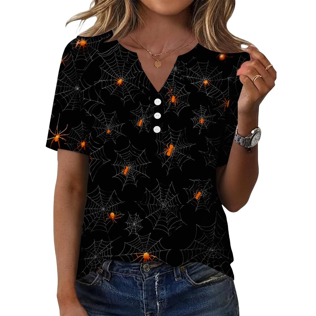 Women's Casual V Neck Short Sleeve Button T Shirt Halloween Spider Web Print Lightweight Top for Everyday Wear and Seasonal Occasions