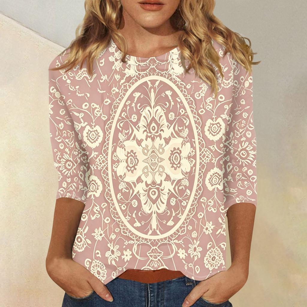 Women's Casual Loose Fit Top Three Quarter Sleeve Blouse with Fashion Printed Pattern Lightweight Comfortable Fabric