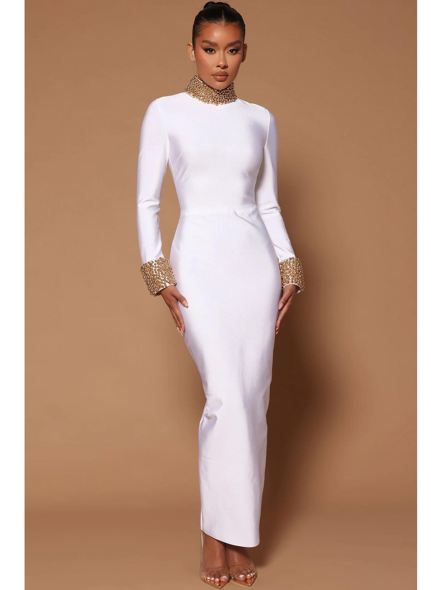

Платье бодикон без спины с воротником-стойкой из бисера в европейско-американском стиле - Ретро дизайн легкой роскоши Large белый